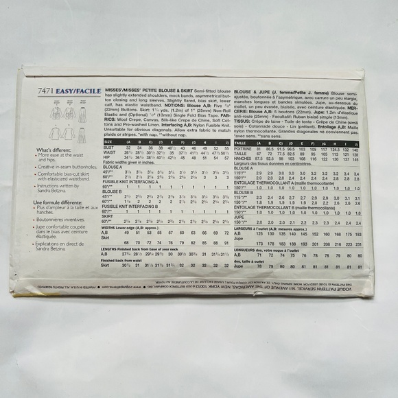 Vogue 7471 Blouse Midi Skirt Bust 38-43 Sandra Betzina Pattern Uncut Todays Fit - Picture 4 of 4